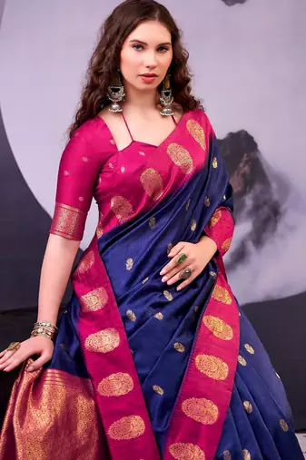 Navy blue poly cotton weaving zari graceful traditional saree