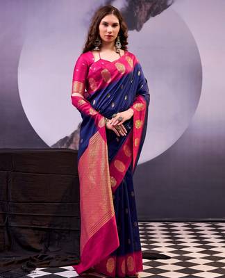 Navy blue poly cotton weaving zari graceful traditional saree 3