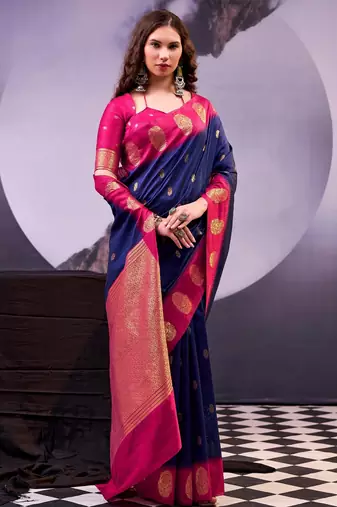 Navy blue poly cotton weaving zari graceful traditional saree