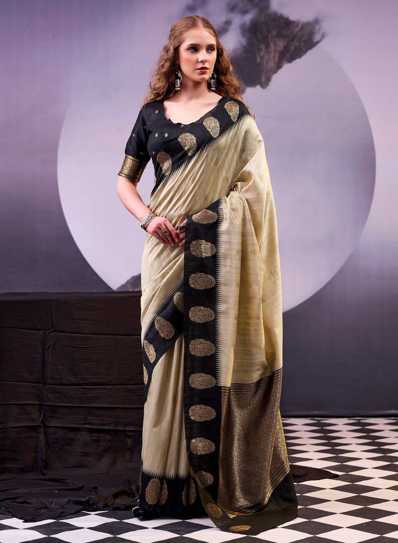 Cream poly cotton weaving zari graceful traditional saree