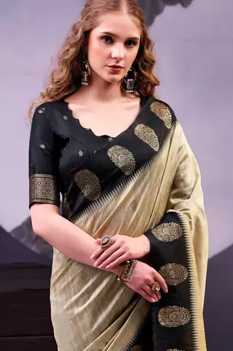 Cream poly cotton weaving zari graceful traditional saree