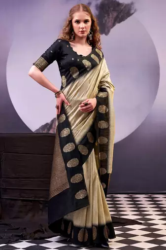 Cream poly cotton weaving zari graceful traditional saree