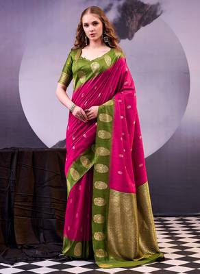 Pink poly cotton weaving zari graceful traditional saree 1