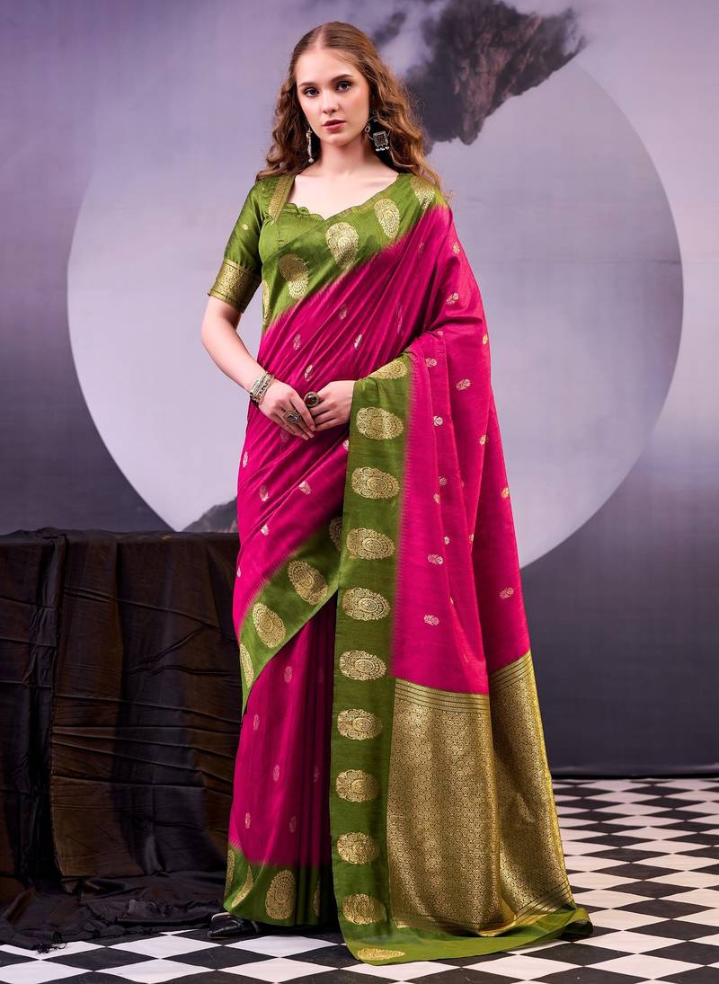 Pink poly cotton weaving zari graceful traditional saree