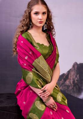 Pink poly cotton weaving zari graceful traditional saree 2