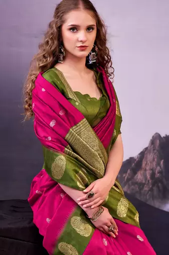 Pink poly cotton weaving zari graceful traditional saree