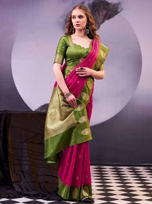 Pink poly cotton weaving zari graceful traditional saree 3