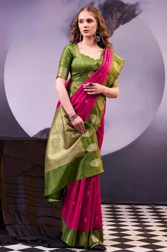 Pink poly cotton weaving zari graceful traditional saree