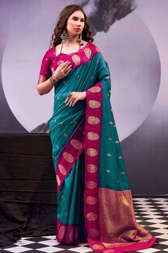 Teal poly cotton weaving zari graceful traditional saree