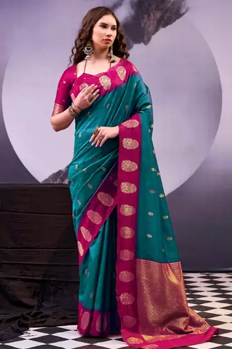 Teal poly cotton weaving zari graceful traditional saree