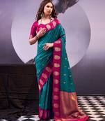 Teal poly cotton weaving zari graceful traditional saree