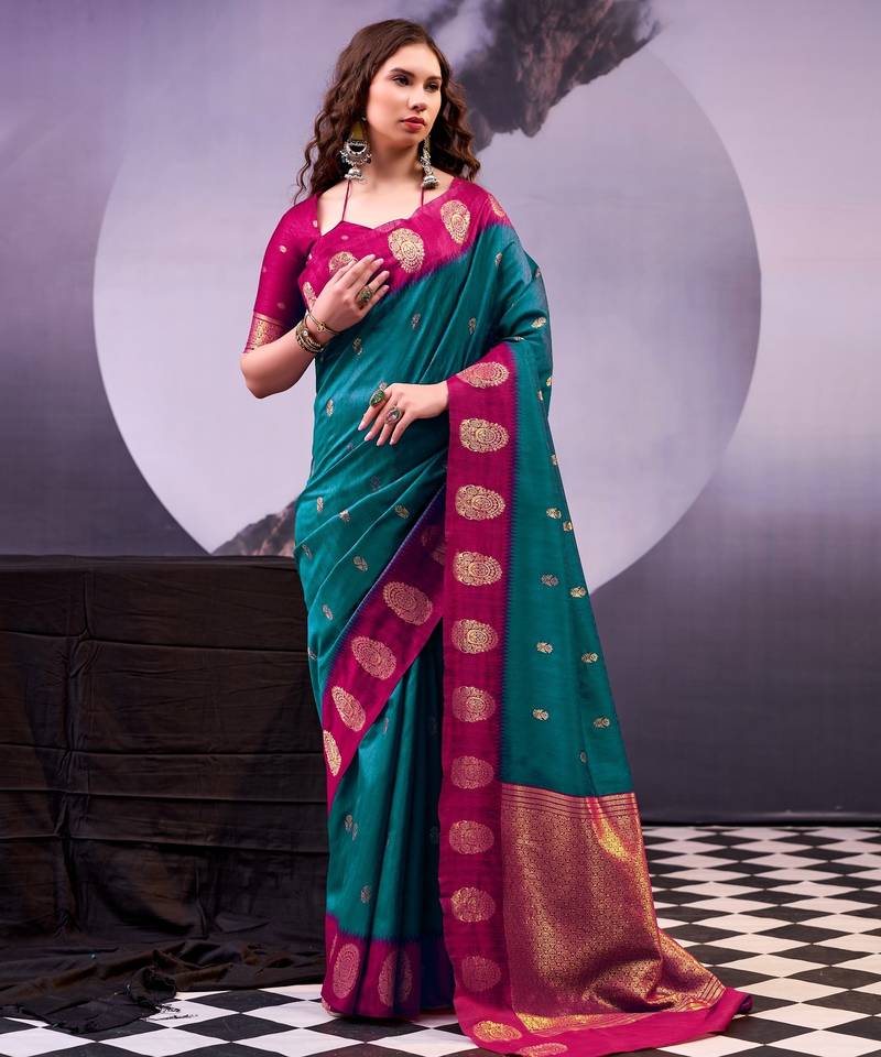 Teal poly cotton weaving zari graceful traditional saree
