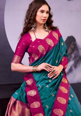 Teal poly cotton weaving zari graceful traditional saree 2