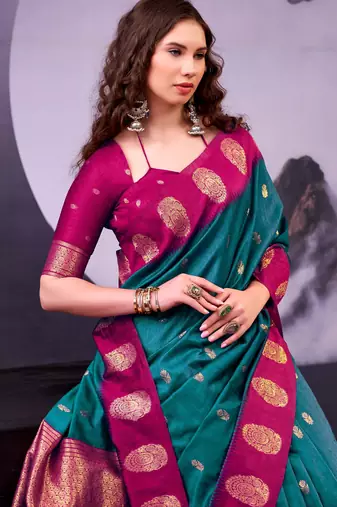 Teal poly cotton weaving zari graceful traditional saree