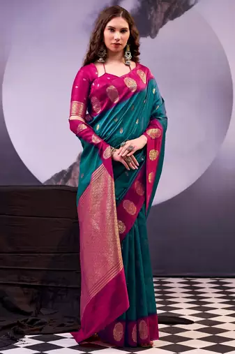 Teal poly cotton weaving zari graceful traditional saree