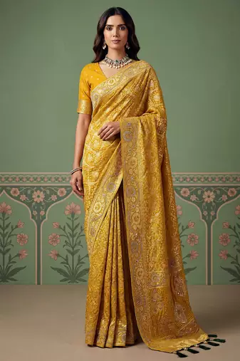 Mustard wedding season specail pashmina silk blend saree with traditional rich looks