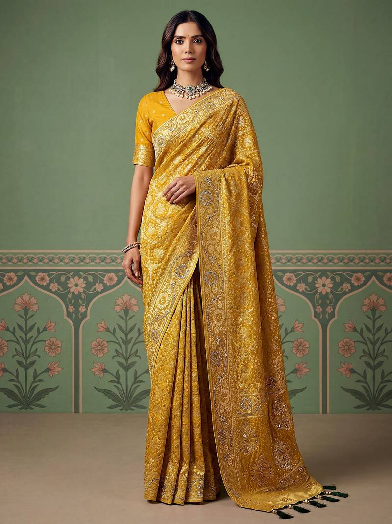 Mustard wedding season specail pashmina silk blend saree with traditional rich looks