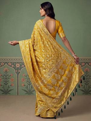 Mustard wedding season specail pashmina silk blend saree with traditional rich looks 2