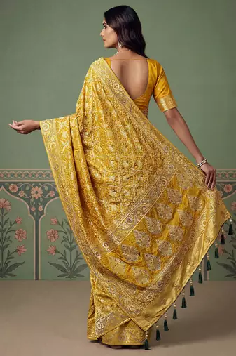 Mustard wedding season specail pashmina silk blend saree with traditional rich looks