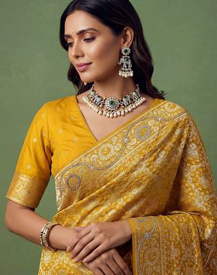 Mustard wedding season specail pashmina silk blend saree with traditional rich looks 3