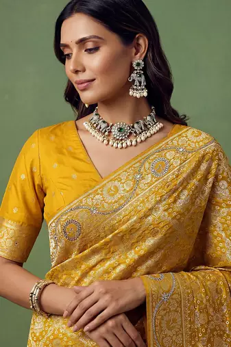 Mustard wedding season specail pashmina silk blend saree with traditional rich looks