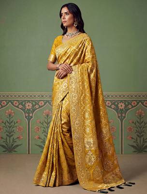 Mustard wedding season specail pashmina silk blend saree with traditional rich looks 4