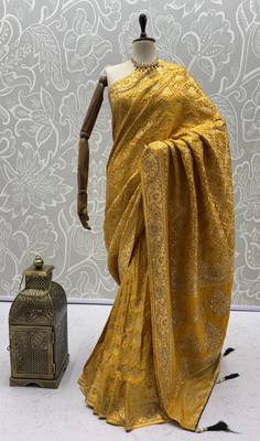 Mustard wedding season specail pashmina silk blend saree with traditional rich looks 5