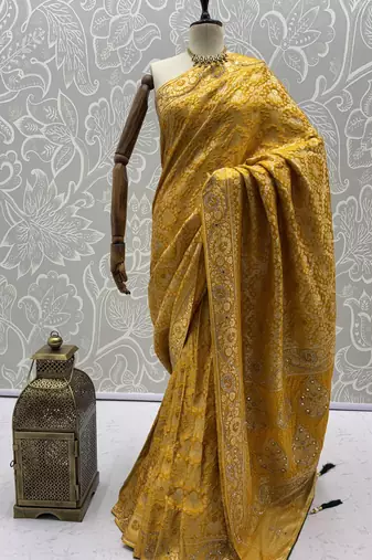 Mustard wedding season specail pashmina silk blend saree with traditional rich looks