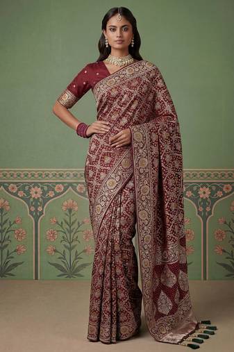 Wine wedding season specail pashmina silk blend saree with traditional rich looks