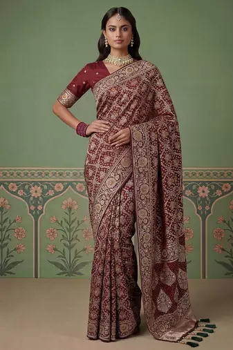 Wine wedding season specail pashmina silk blend saree with traditional rich looks