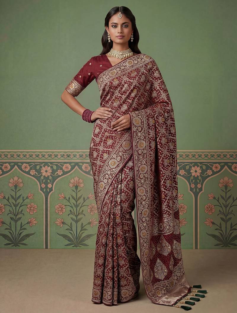Wine wedding season specail pashmina silk blend saree with traditional rich looks