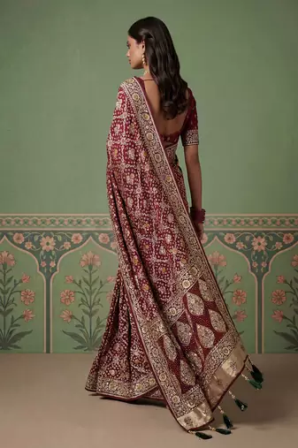 Wine wedding season specail pashmina silk blend saree with traditional rich looks