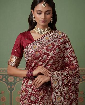 Wine wedding season specail pashmina silk blend saree with traditional rich looks 3