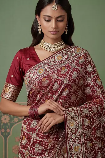 Wine wedding season specail pashmina silk blend saree with traditional rich looks