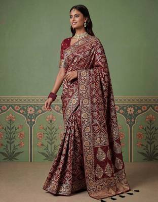Wine wedding season specail pashmina silk blend saree with traditional rich looks 4