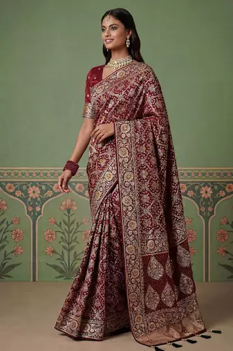 Wine wedding season specail pashmina silk blend saree with traditional rich looks