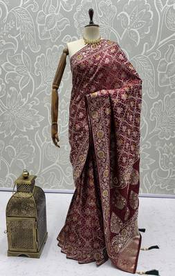 Wine wedding season specail pashmina silk blend saree with traditional rich looks 5