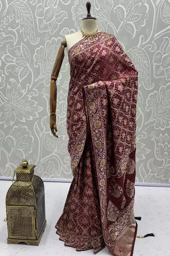 Wine wedding season specail pashmina silk blend saree with traditional rich looks