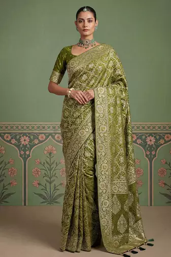 Green wedding season specail pashmina silk blend saree with traditional rich looks