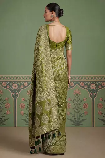 Green wedding season specail pashmina silk blend saree with traditional rich looks