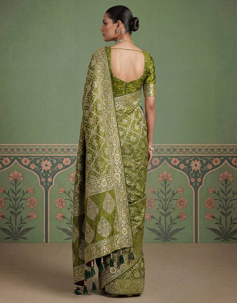 Green wedding season specail pashmina silk blend saree with traditional rich looks