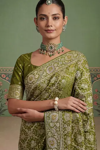 Green wedding season specail pashmina silk blend saree with traditional rich looks