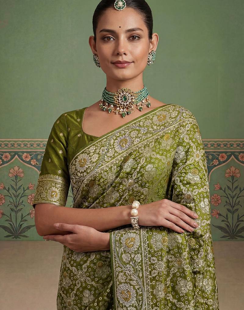 Green wedding season specail pashmina silk blend saree with traditional rich looks