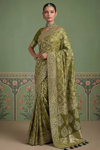 Green wedding season specail pashmina silk blend saree with traditional rich looks