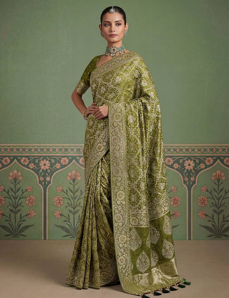 Green wedding season specail pashmina silk blend saree with traditional rich looks