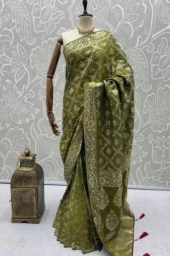 Green wedding season specail pashmina silk blend saree with traditional rich looks