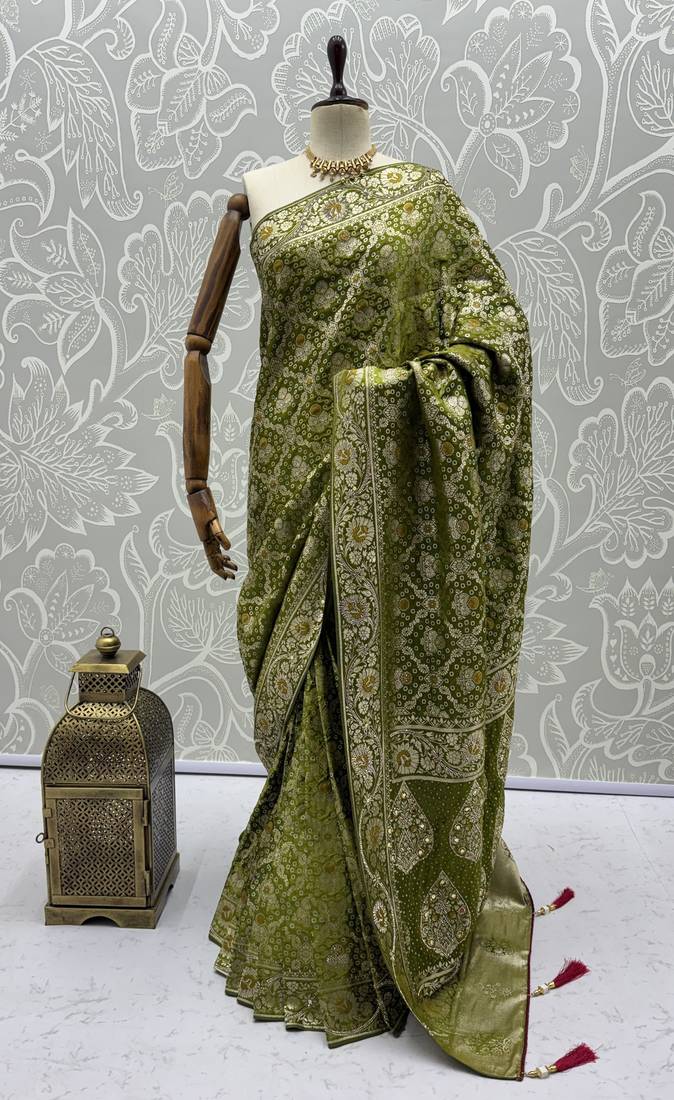 Green wedding season specail pashmina silk blend saree with traditional rich looks