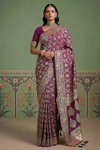 Purple wedding season specail pashmina silk blend saree with traditional rich looks