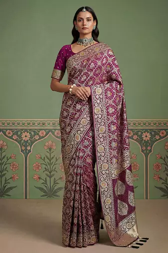 Purple wedding season specail pashmina silk blend saree with traditional rich looks