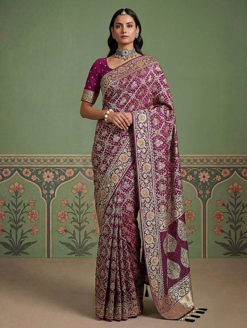 Purple wedding season specail pashmina silk blend saree with traditional rich looks